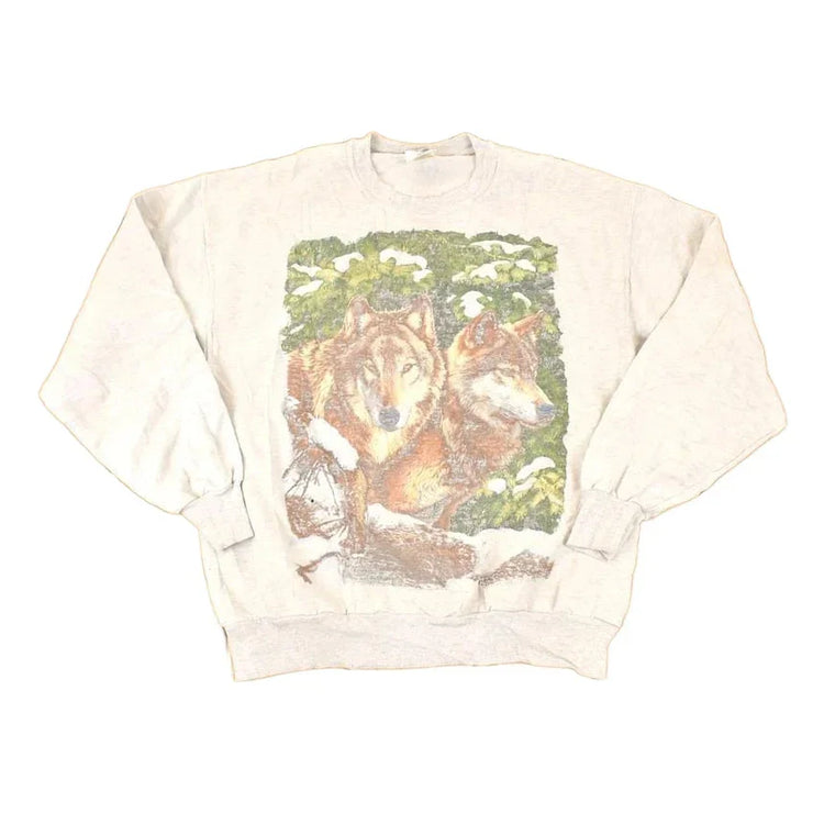 Vintage 1990s Two Wolves Cartoon Graphic Print Crewneck Sweatshirt Men's L from propervintagecanada