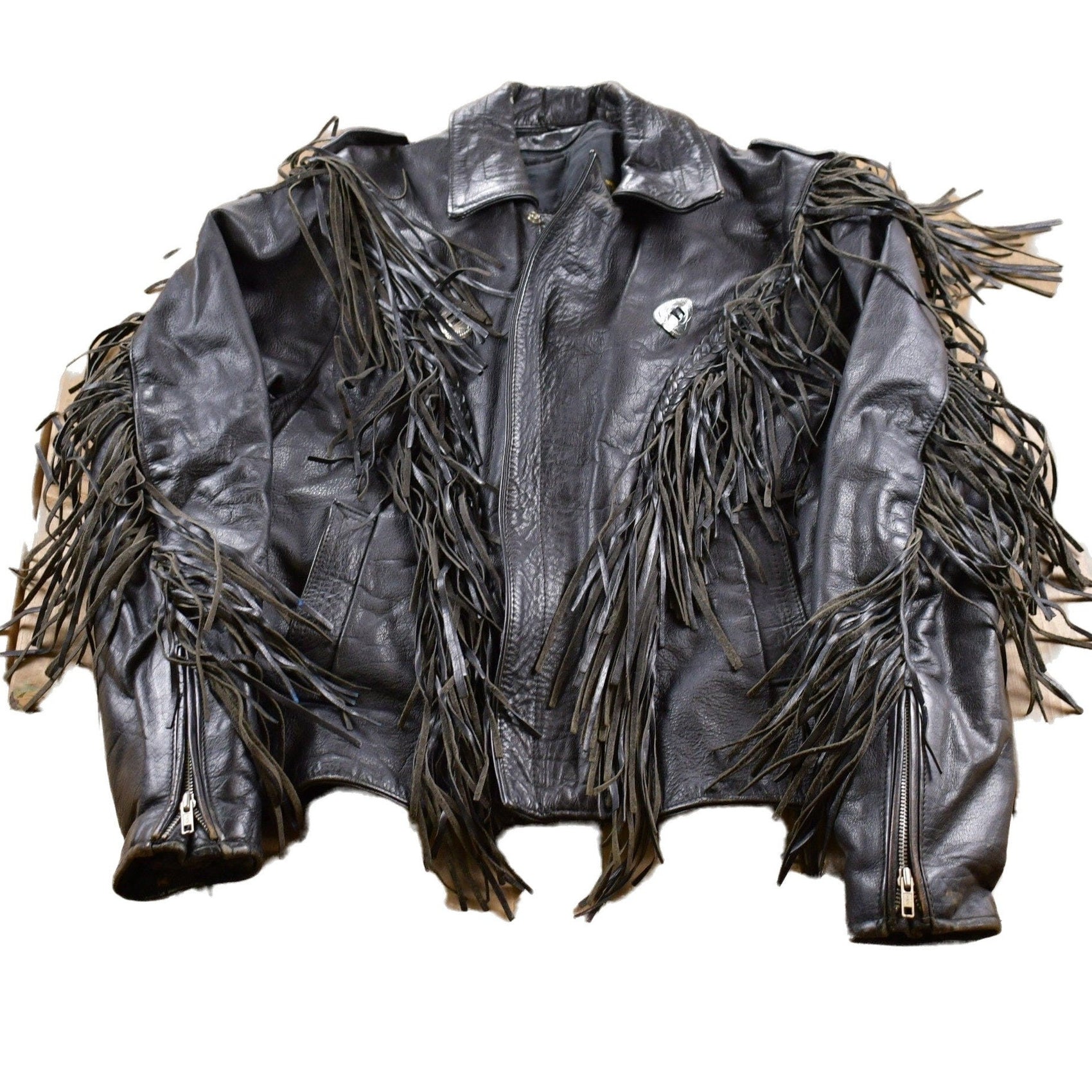 Vintage 1990s Unik Fringe Leather Jacket Men's Large from propervintagecanada