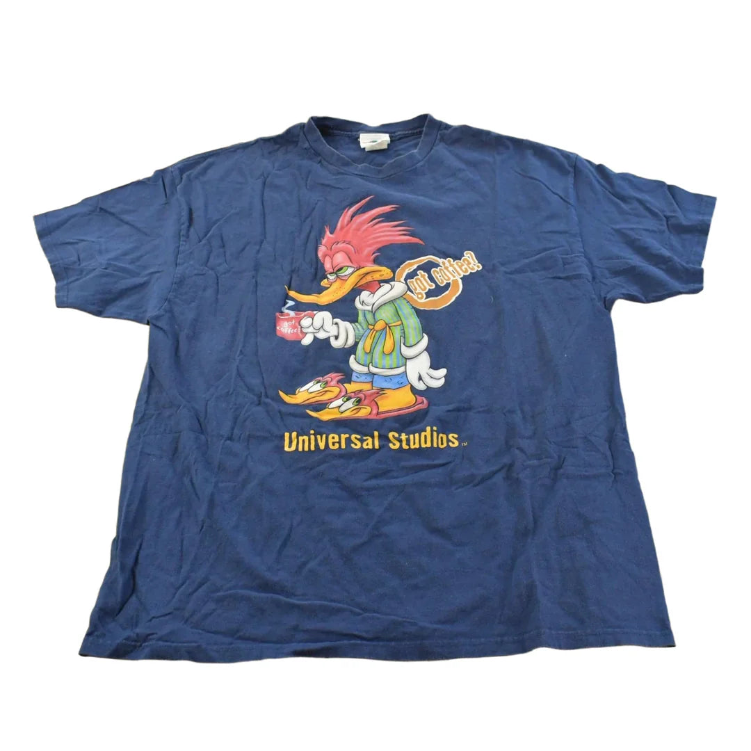 Vintage 1990s Universal Studios Woody Woodpecker Got Coffee Souvenir Cartoon T-Shirt Men's XL from propervintagecanada