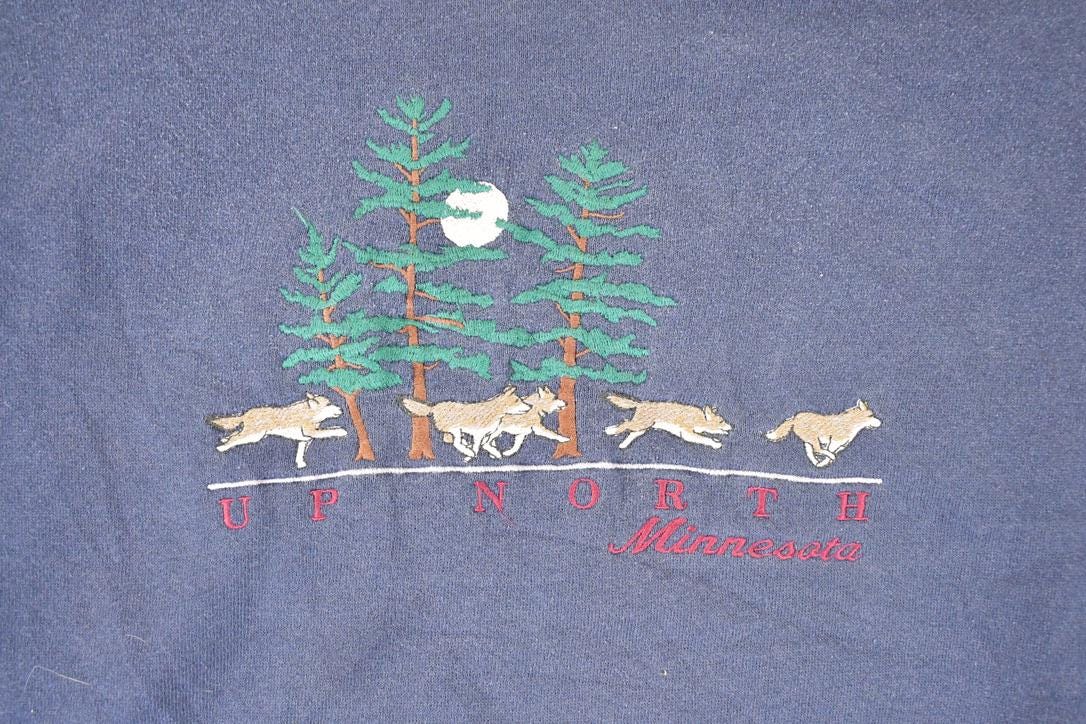 Vintage 1990s Up North Minnesota Embroidered Wolfpack Double Collar Crewneck Sweatshirt Mens L from propervintagecanada
