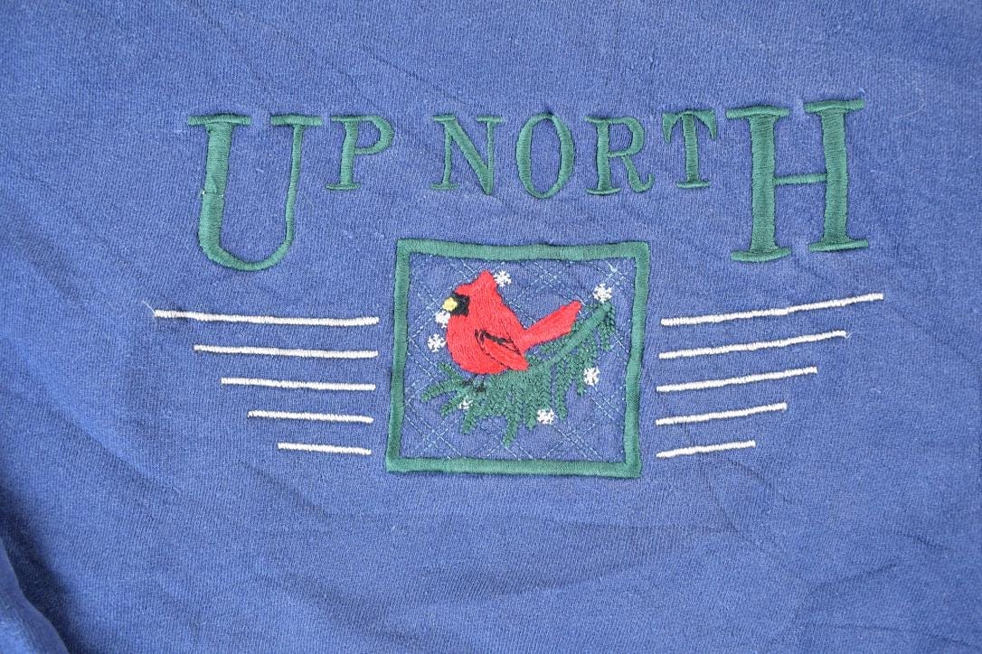 Vintage 1990s Up North Souvenir Cardinal Bird Crewneck Sweatshirt Made In USA Men's Large from propervintagecanada