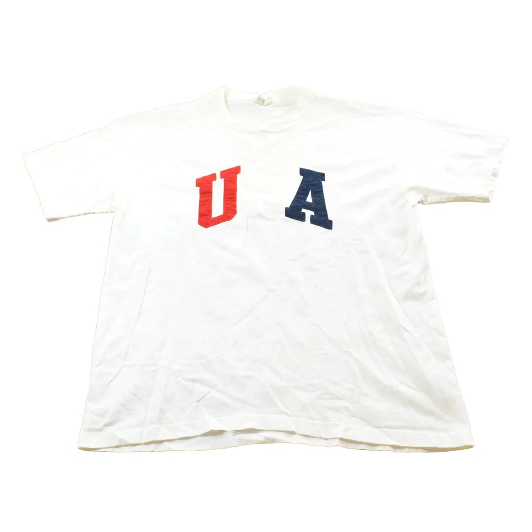 Vintage 1990s USA Embroidered Lettering Red White Blue T-Shirt Mens L from propervintagecanada