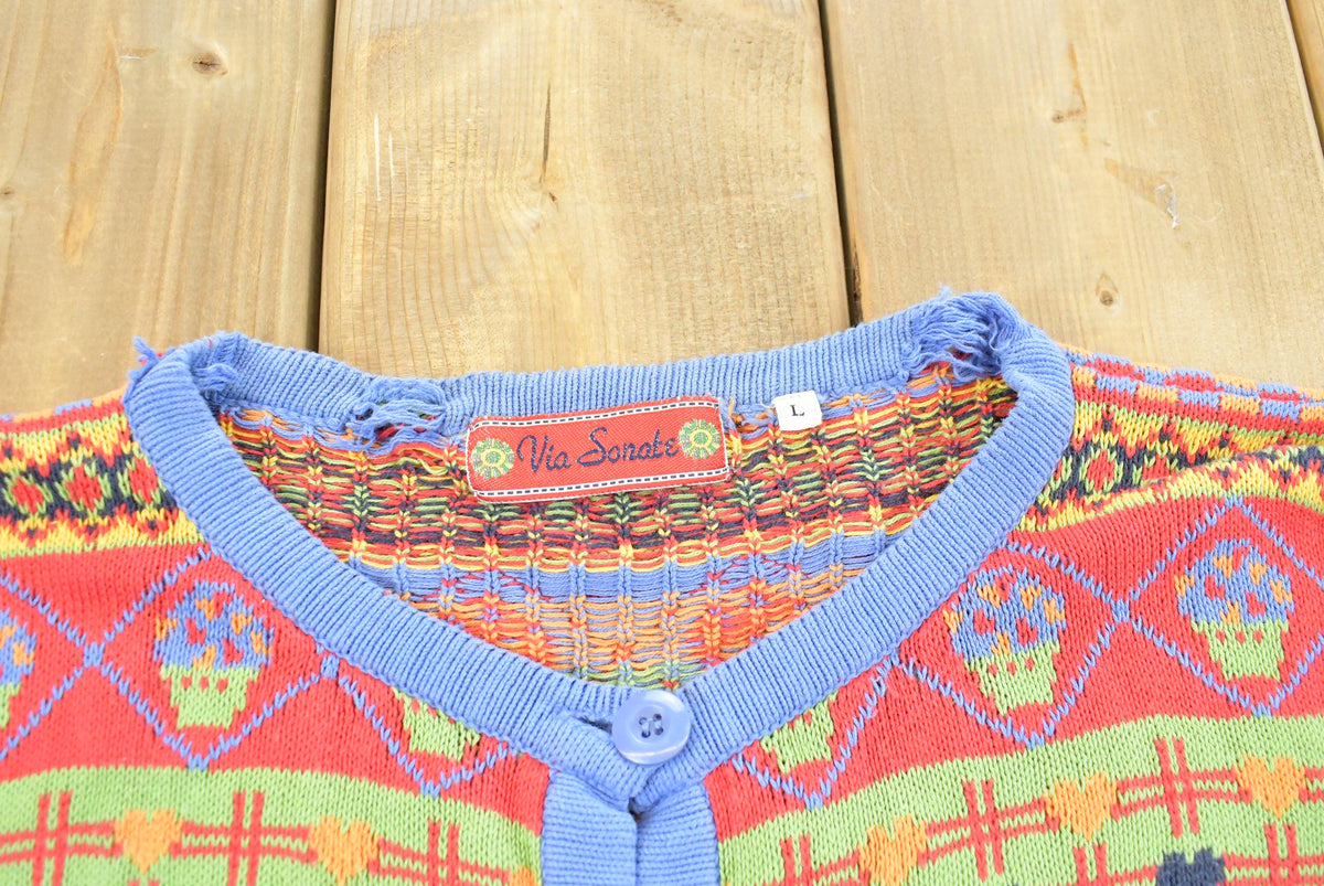 Vintage 1990s Via Sonate Abstract Pattern Knit Cardigan Sweater Women's L from propervintagecanada