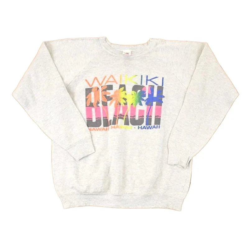 Vintage 1990s Waikiki Beach Hawaii Neon Graphic Print Crewneck Sweatshirt Women's L from propervintagecanada