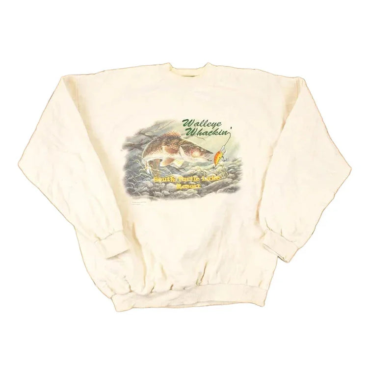 Vintage 1990s Walleye Whackin South Turtle Lake Resort Graphic Print Crewneck Sweatshirt Men's L from propervintagecanada
