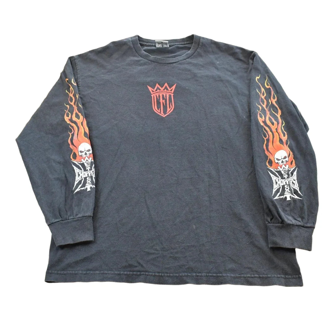 Vintage 1990s West Coast Choppers CFL Flame Skulls Long Sleeve T-Shirt Mens L from propervintagecanada