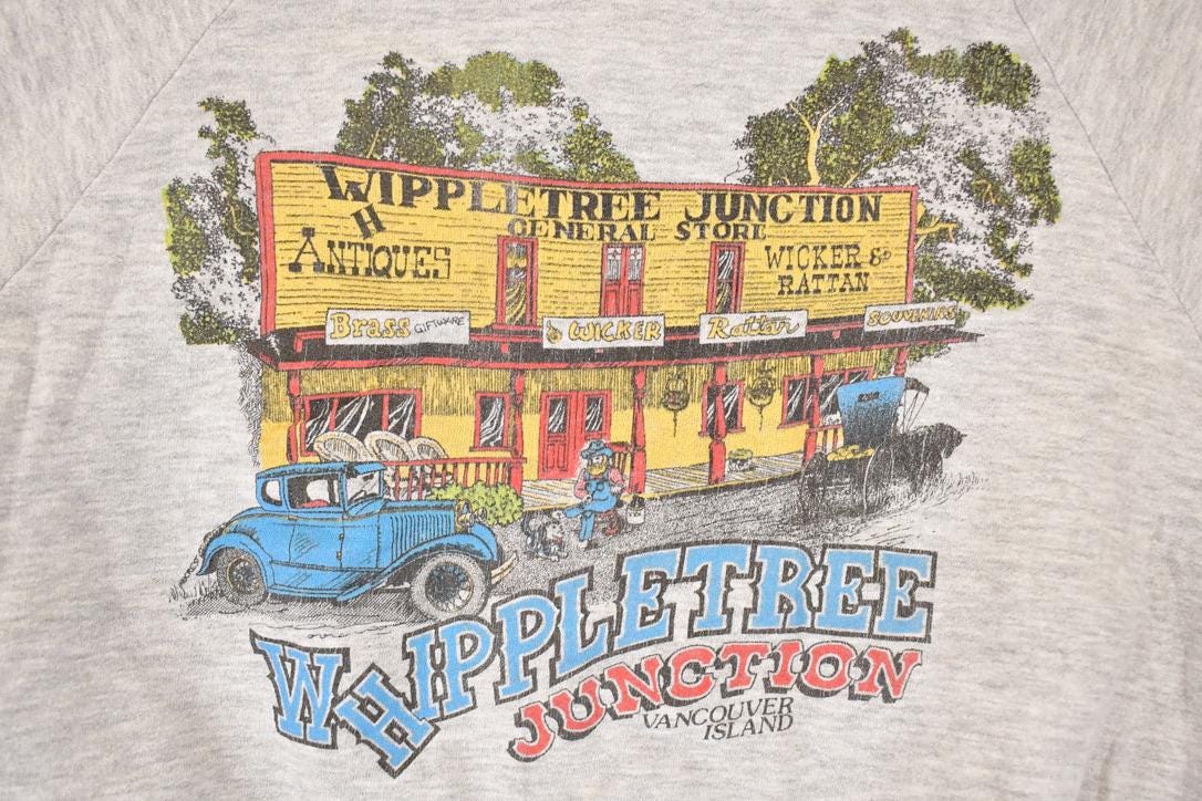 Vintage 1990s Whippletree Junction Vancouver Island Cartoon Graphic Print Crewneck Sweatshirt Men's L from propervintagecanada