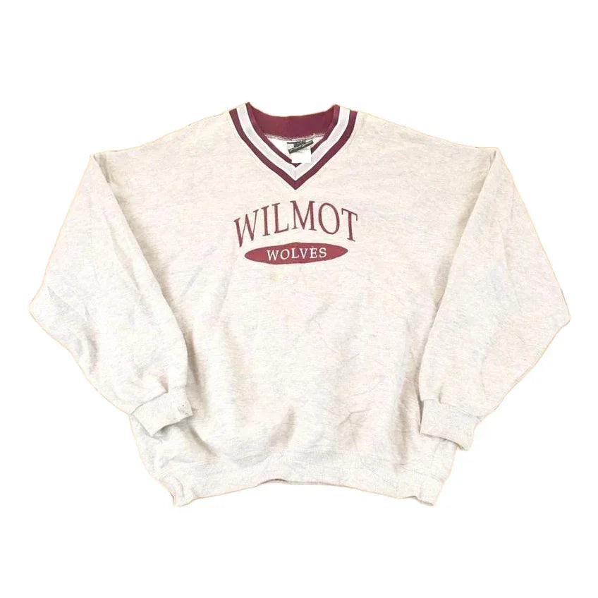 Vintage 1990s Wilmot Wolves Embroidered Collegiate V Neck Sweatshirt Men's XL from propervintagecanada