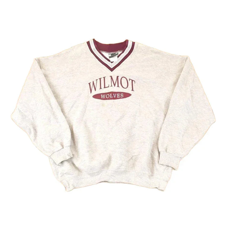 Vintage 1990s Wilmot Wolves Embroidered Collegiate V Neck Sweatshirt Men's XL from propervintagecanada