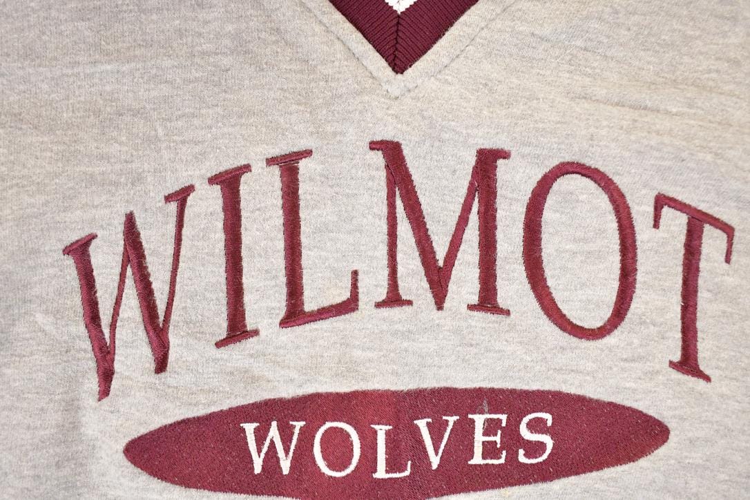 Vintage 1990s Wilmot Wolves Embroidered Collegiate V Neck Sweatshirt Men's XL from propervintagecanada