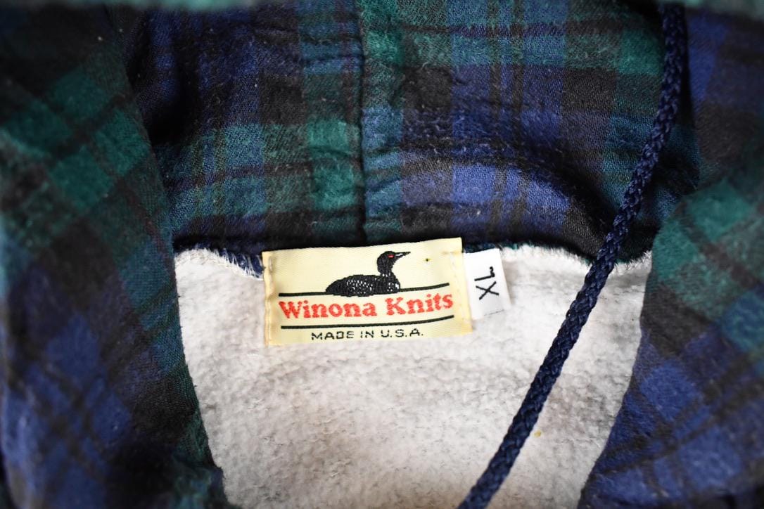 Vintage 1990s Winona Knits Plaid Lined Hoodie Sweatshirt Men's XL from propervintagecanada