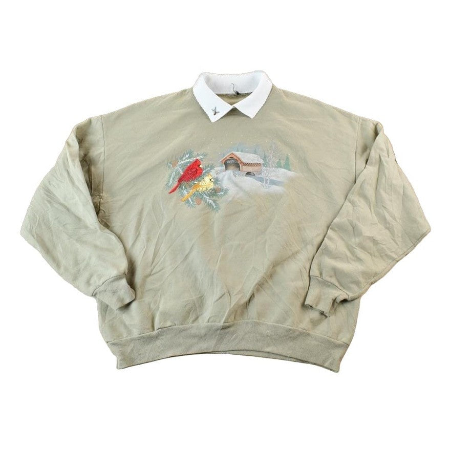 Vintage 1990s Winter Birds Cute Collared Embroidered Crewneck Sweater Men's XL from propervintagecanada
