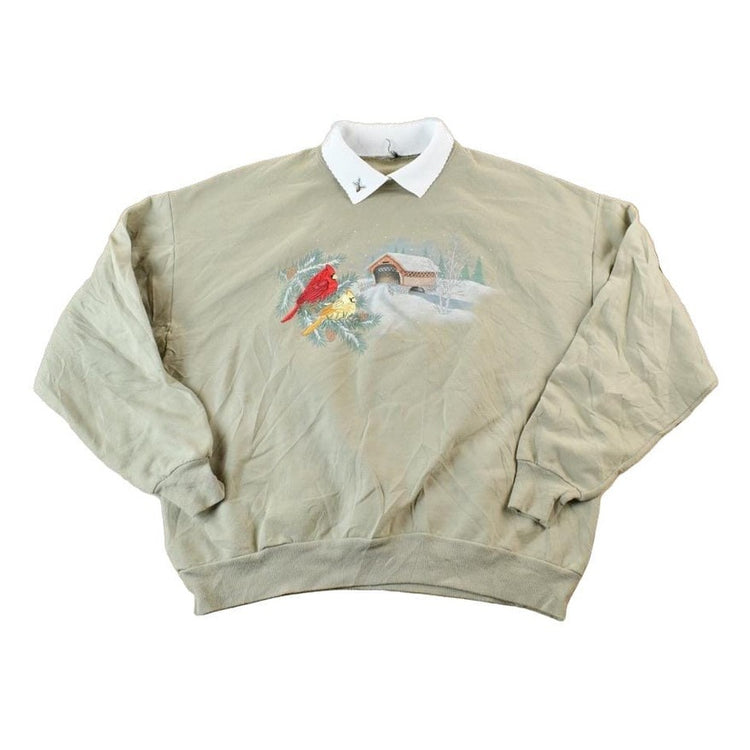 Vintage 1990s Winter Birds Cute Collared Embroidered Crewneck Sweater Men's XL from propervintagecanada