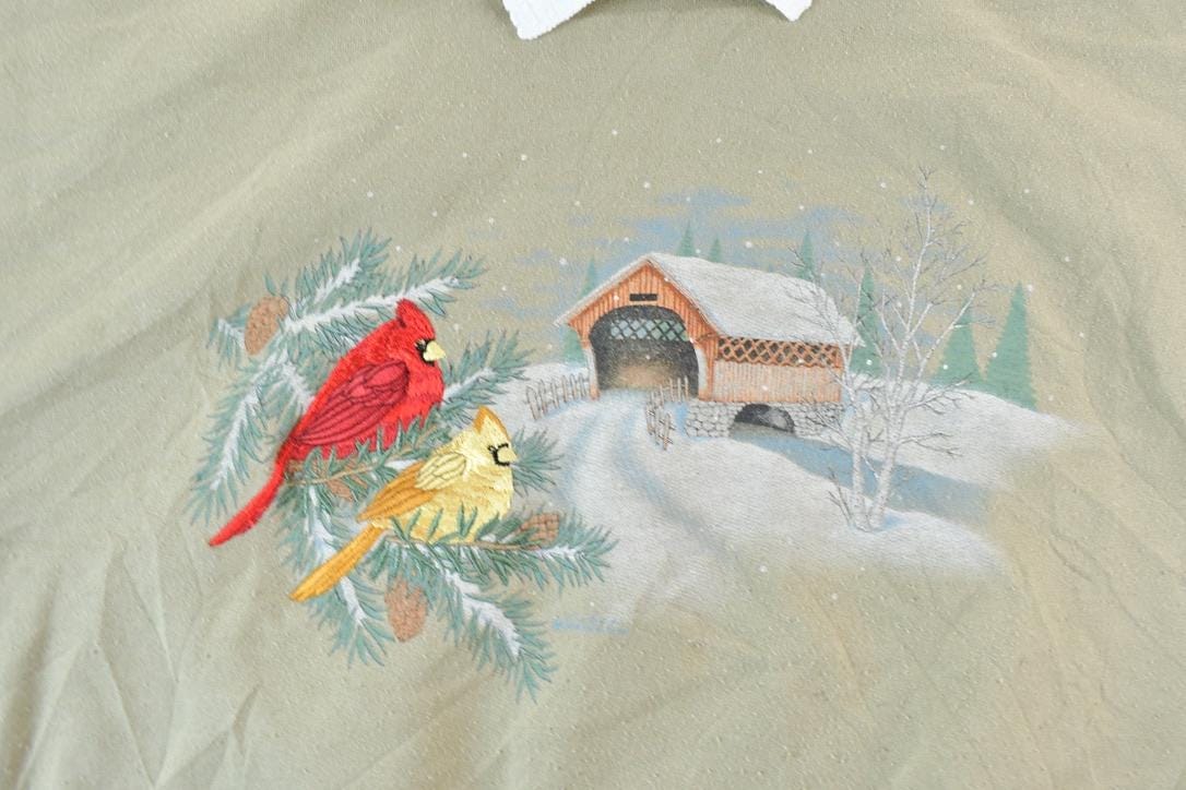 Vintage 1990s Winter Birds Cute Collared Embroidered Crewneck Sweater Men's XL from propervintagecanada