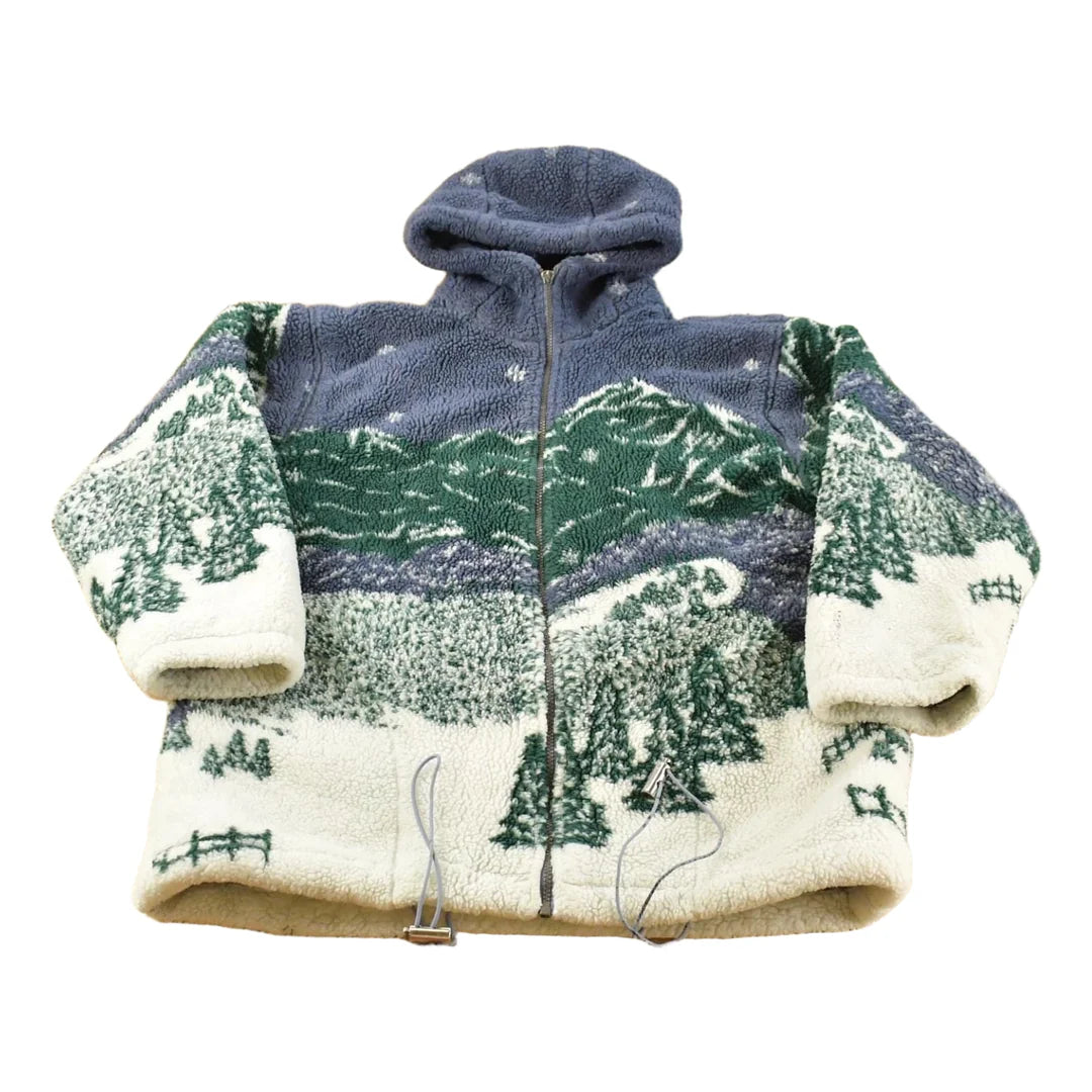 Vintage 1990s Winter Forrest Theme All Over Print Quilt Lined Fleece Jacket Men's L from propervintagecanada