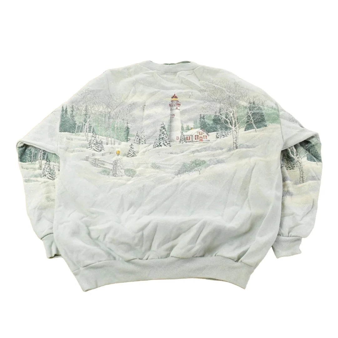 Vintage 1990s Winter Lighthouse All Over Print Crewneck Sweatshirt Men's Large from propervintagecanada