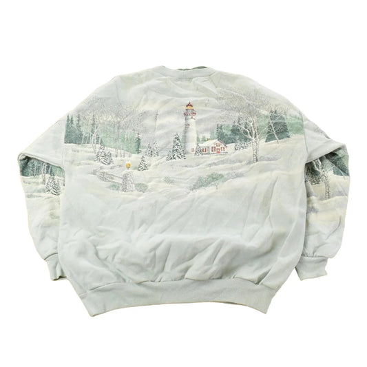 Vintage 1990s Winter Lighthouse All Over Print Crewneck Sweatshirt Men's Large from propervintagecanada