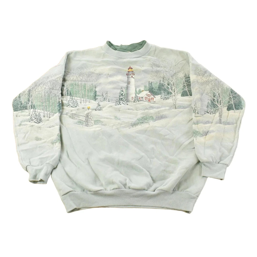 Vintage 1990s Winter Lighthouse All Over Print Crewneck Sweatshirt Men's Large from propervintagecanada
