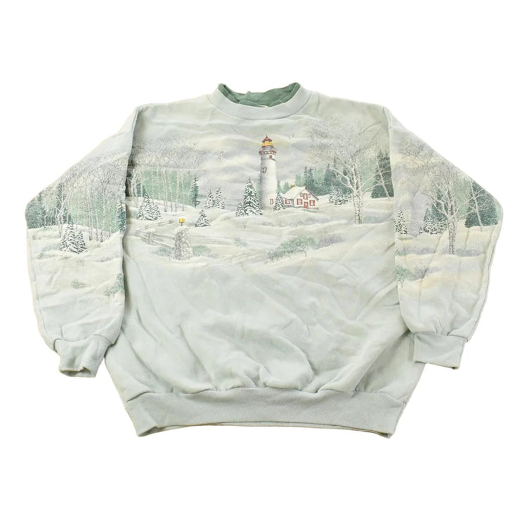 Vintage 1990s Winter Lighthouse All Over Print Crewneck Sweatshirt Men's Large from propervintagecanada