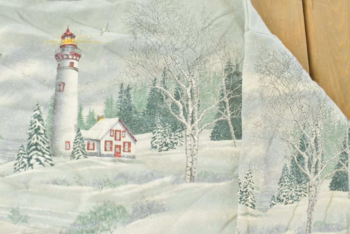 Vintage 1990s Winter Lighthouse All Over Print Crewneck Sweatshirt Men's Large from propervintagecanada