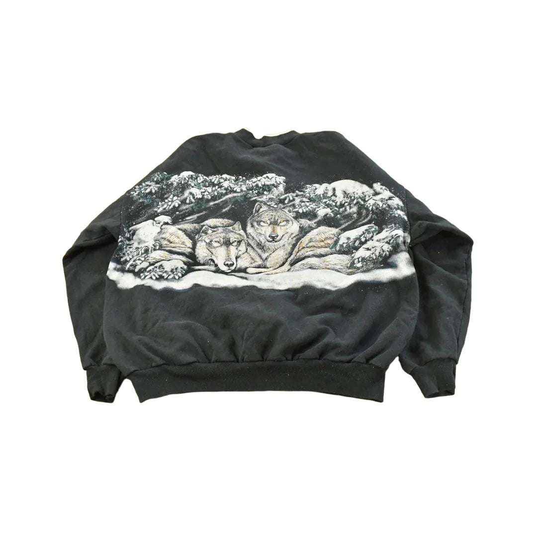 Vintage 1990s Wolf Theme All Over Print Henley Sweatshirt Men's 2XL from propervintagecanada