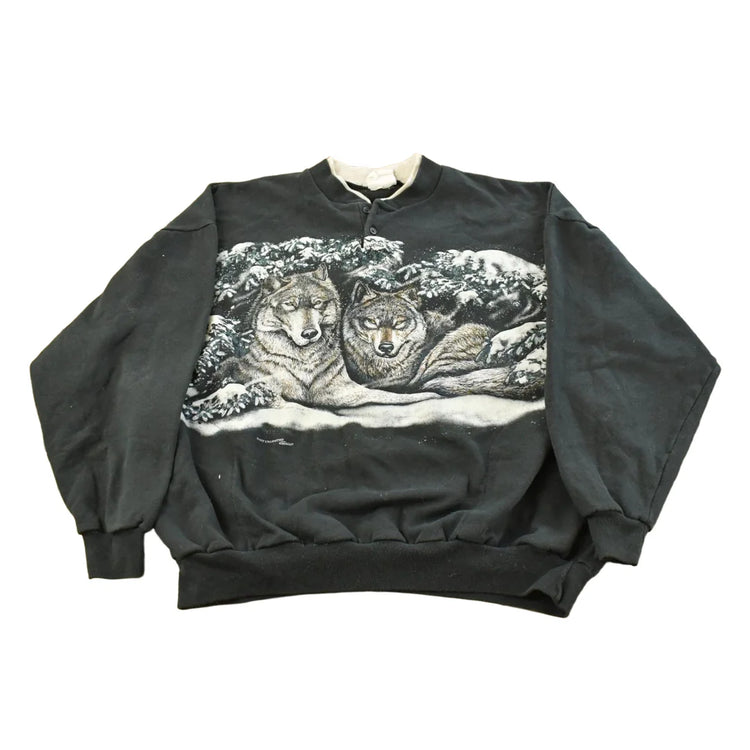 Vintage 1990s Wolf Theme All Over Print Henley Sweatshirt Men's 2XL from propervintagecanada