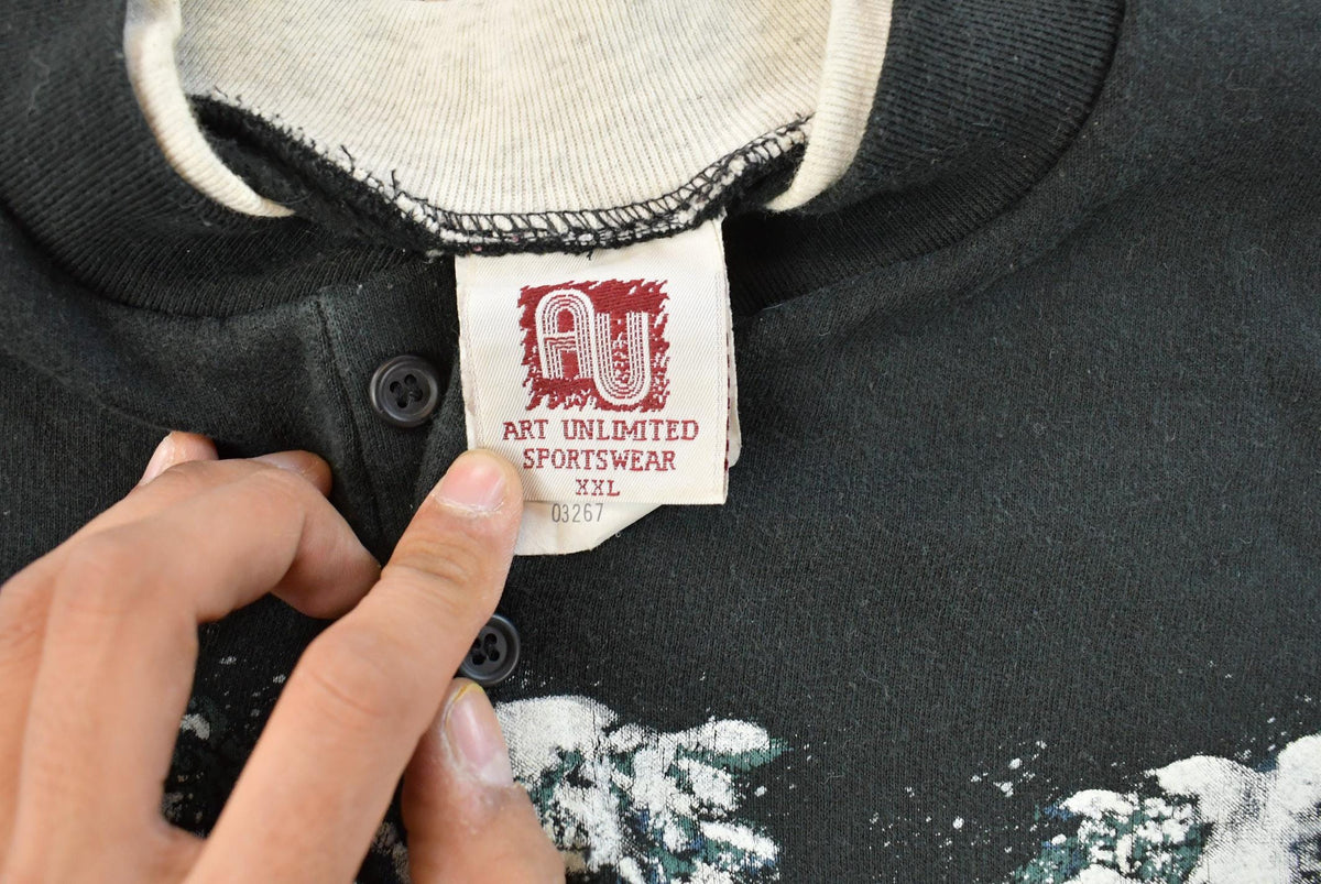Vintage 1990s Wolf Theme All Over Print Henley Sweatshirt Men's 2XL from propervintagecanada