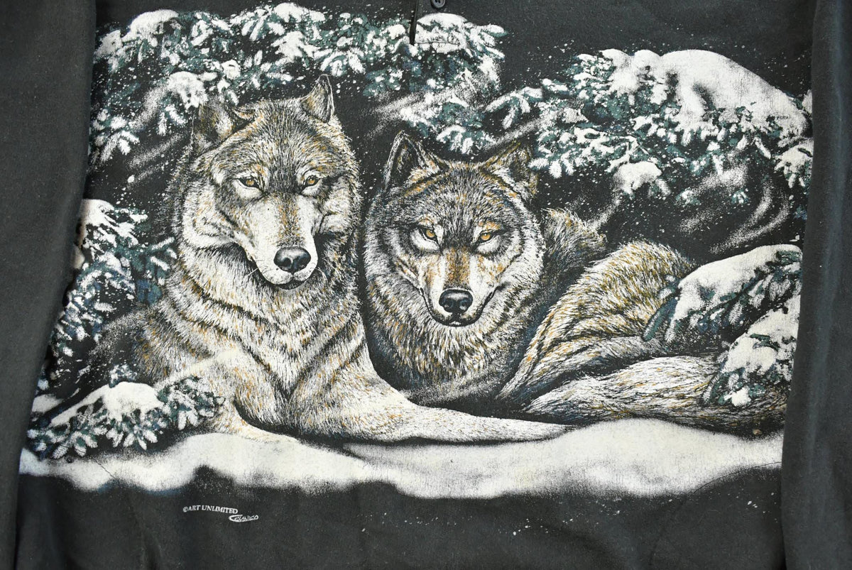 Vintage 1990s Wolf Theme All Over Print Henley Sweatshirt Men's 2XL from propervintagecanada