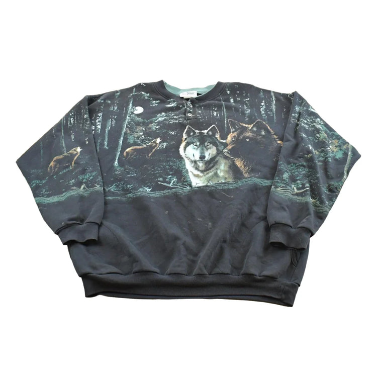 Vintage 1990s Wolf Theme All Over Print Henley Sweatshirt Men's XL from propervintagecanada