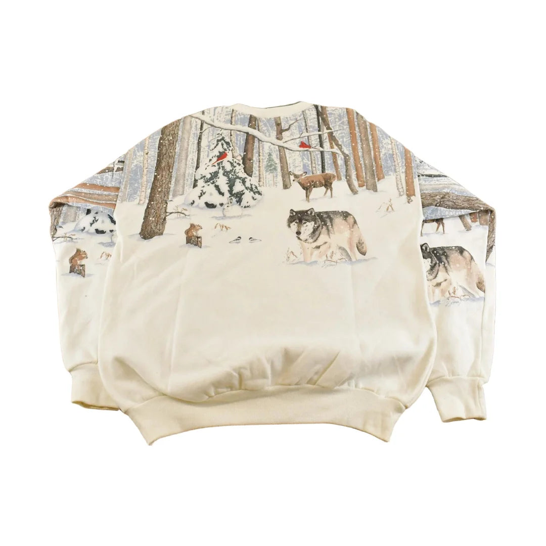 Vintage 1990s Wolf Winter Scene Crewneck Sweatshirt Men's L Made In USA from propervintagecanada