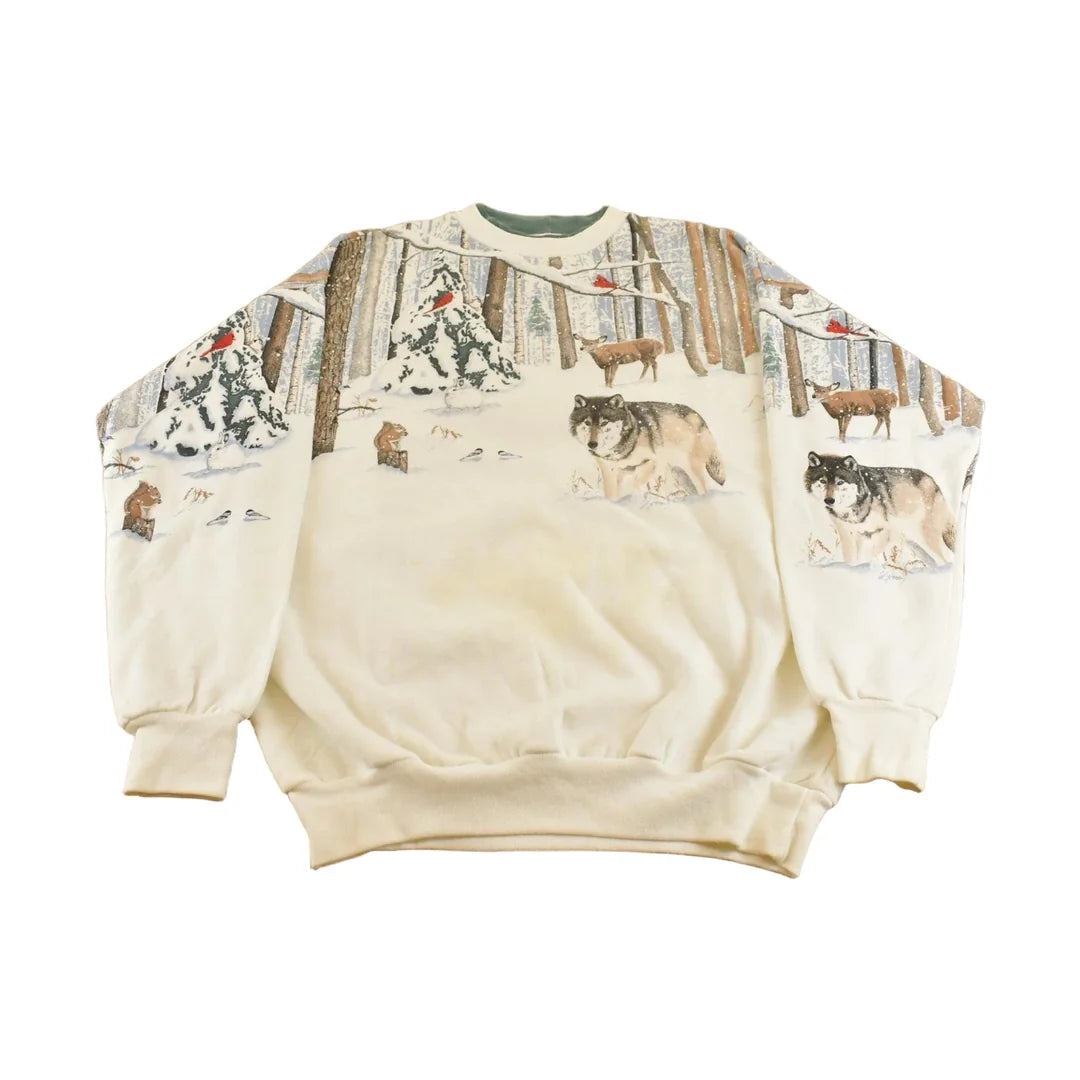 Vintage 1990s Wolf Winter Scene Crewneck Sweatshirt Men's L Made In USA from propervintagecanada