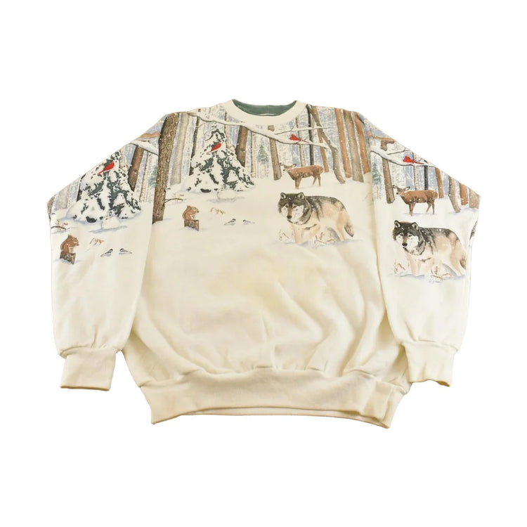 Vintage 1990s Wolf Winter Scene Crewneck Sweatshirt Men's L Made In USA from propervintagecanada