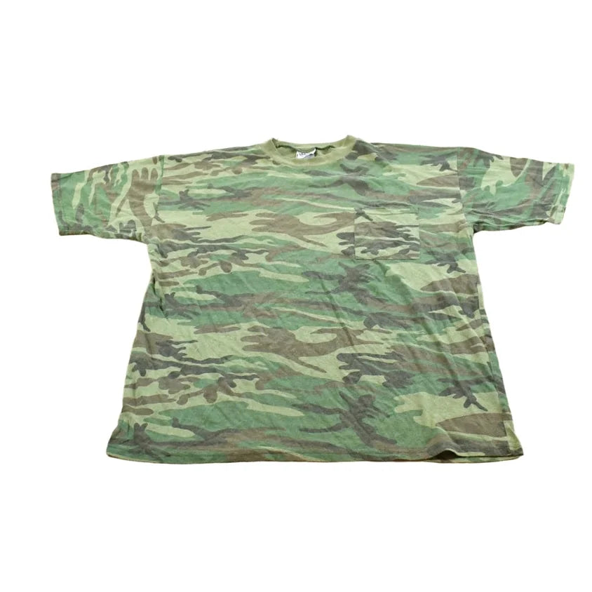 Vintage 1990s Woodland Camo Pocket T-Shirt Men's XL from propervintagecanada