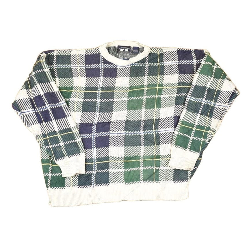 Vintage 1990s Woods And Gray Plaid Knit Crewneck Sweater Men's XL from propervintagecanada