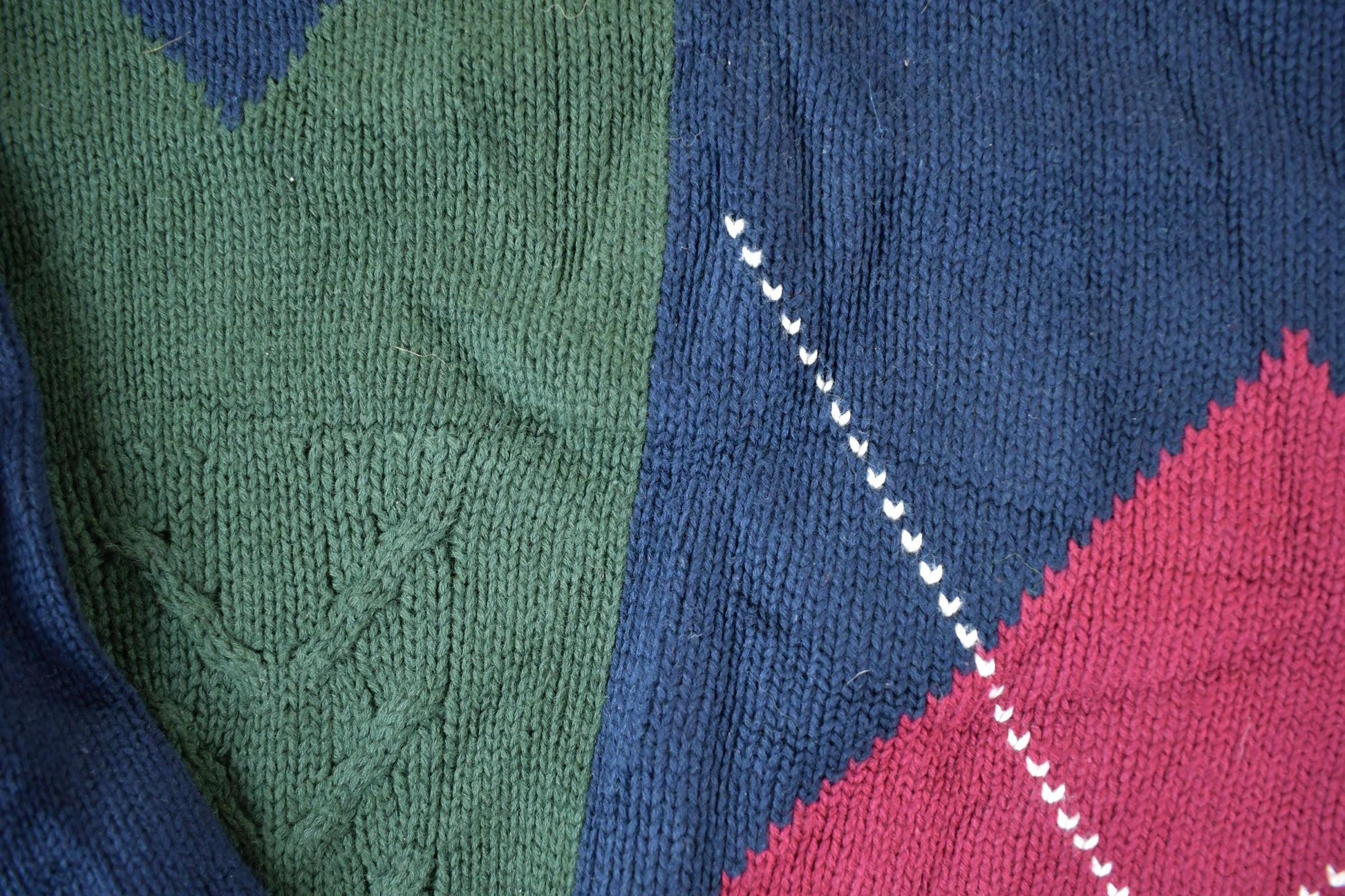 Vintage 1990s Woods And Grey Argyle Knit Abstract Pattern 100% Cotton Crewneck Sweater Men's XL from propervintagecanada