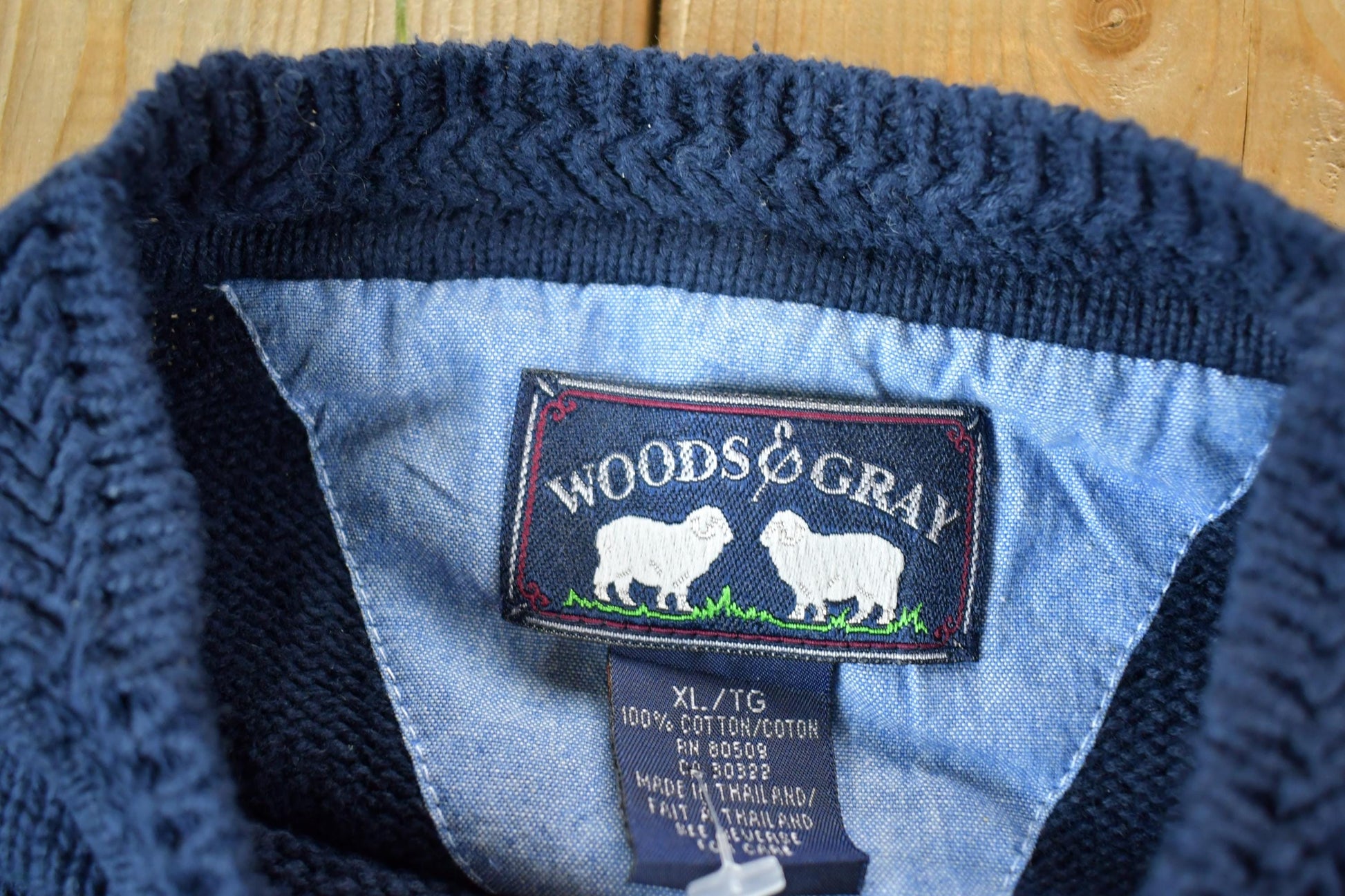 Vintage 1990s Woods And Grey Argyle Knit Abstract Pattern 100% Cotton Crewneck Sweater Men's XL from propervintagecanada