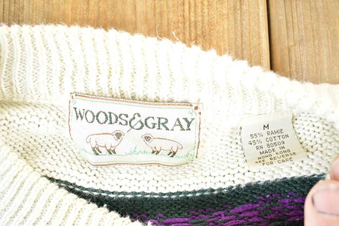 Vintage 1990s Woods And Grey Knit Abstract Pattern Crewneck Sweater Mens M from propervintagecanada