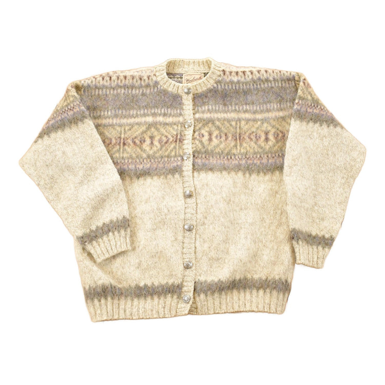 Vintage 1990s Woolrich Abstract Wool Knit Cardigan Sweater Women's L from propervintagecanada