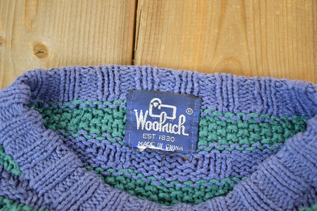 Vintage 1990s Woolrich Cotton Cable Chunky Knit Aztec Pattern Crewneck Sweater Men's XL from propervintagecanada