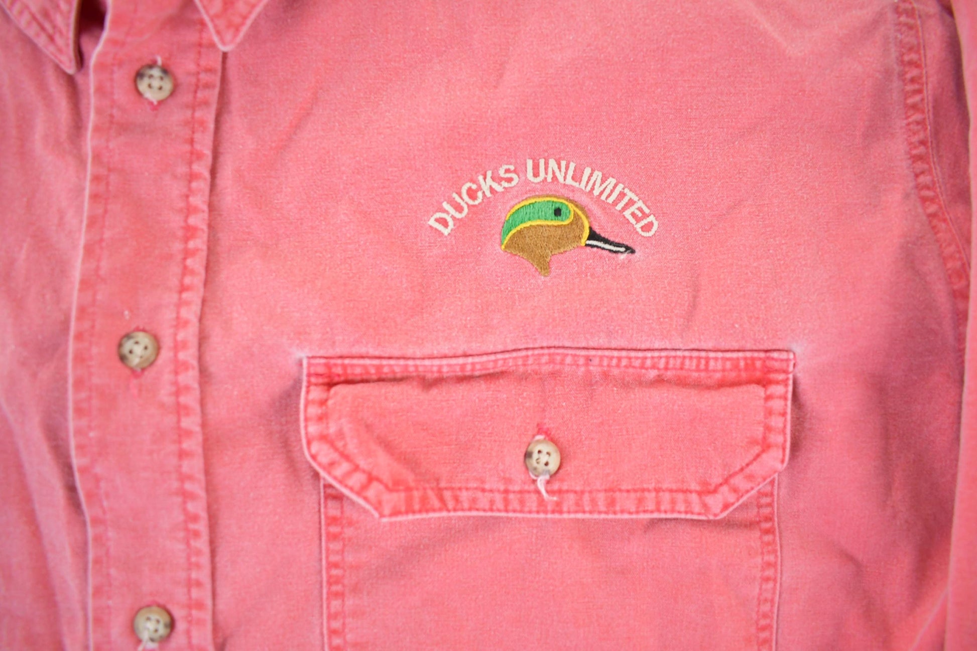 Vintage 1990s Woolrich Ducks Unlimited Sun Faded Button Up Shirt Men's 2XL from propervintagecanada