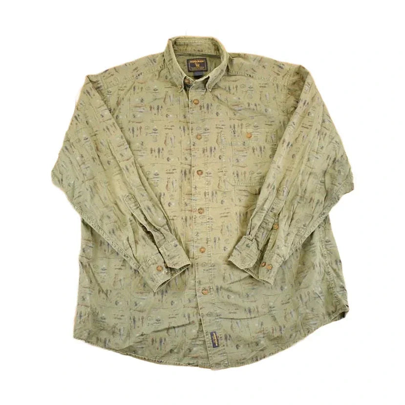 Vintage 1990s Woolrich Fishing AOP Outdoorsman Button Up Shirt Men's L from propervintagecanada