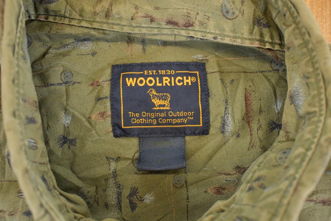 Vintage 1990s Woolrich Fishing AOP Outdoorsman Button Up Shirt Men's L from propervintagecanada
