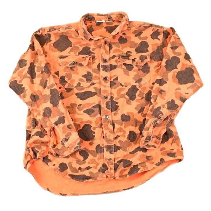 Vintage 1990s Woolrich Orange Camo Button Up Flannel Shirt Men's L from propervintagecanada