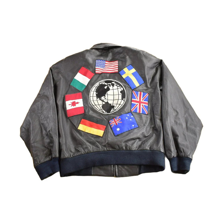 Vintage 1990s World Flags Patchwork Leather Jacket Men's Large from propervintagecanada