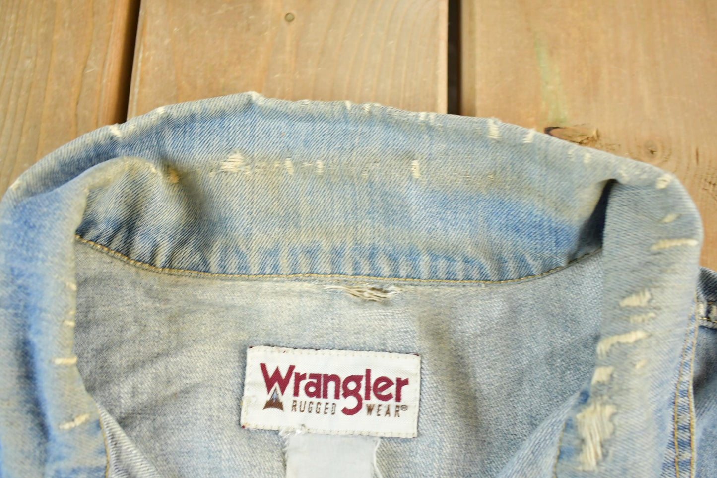 Vintage 1990s Wrangler Rugged Wear Distressed Denim Jean Trucker Jacket Men's XL from propervintagecanada