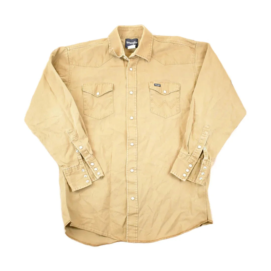 Vintage 1990s Wrangler Tan Western Button Up Shirt Men's XL from propervintagecanada