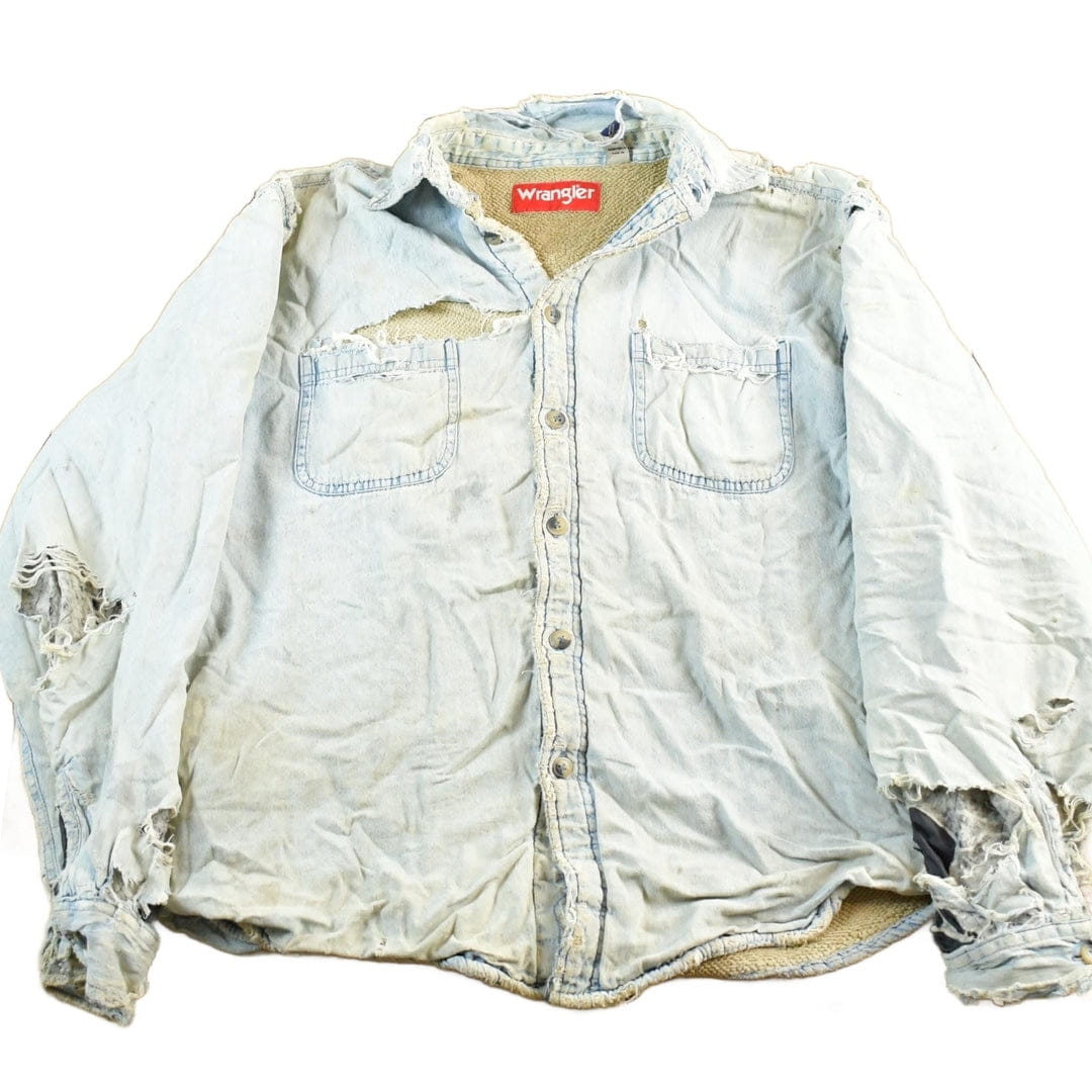 Vintage 1990s Wrangler Thrashed Distressed Lined Denim Button Up Shirt Men's Large from propervintagecanada