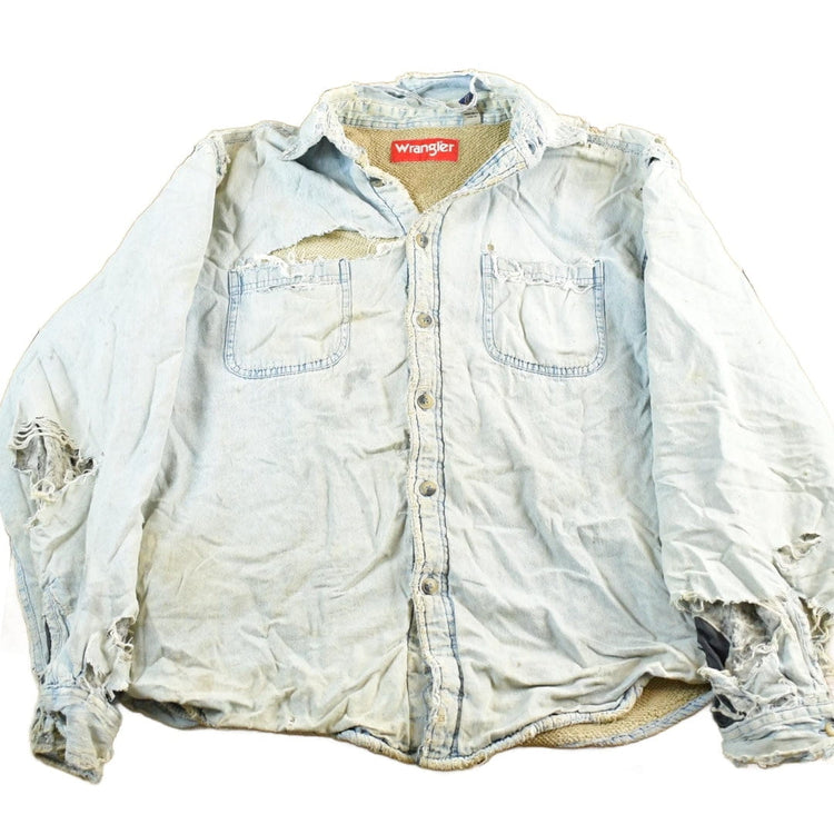 Vintage 1990s Wrangler Thrashed Distressed Lined Denim Button Up Shirt Men's Large from propervintagecanada