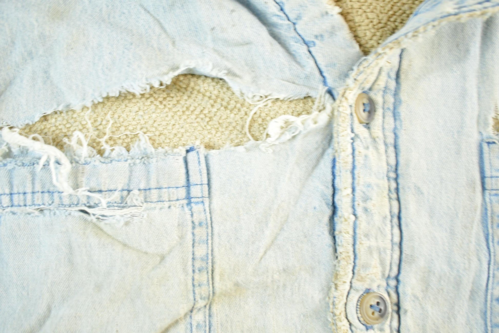 Vintage 1990s Wrangler Thrashed Distressed Lined Denim Button Up Shirt Men's Large from propervintagecanada