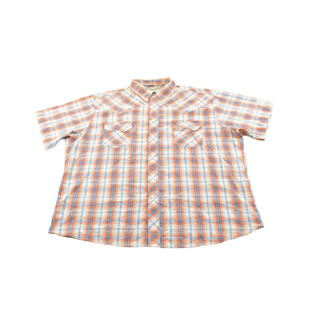 Vintage 1990s Wrangler Western Shirts Plaid Pearl Snap Short Sleeve Button Up Shirt Mens 2XL from propervintagecanada